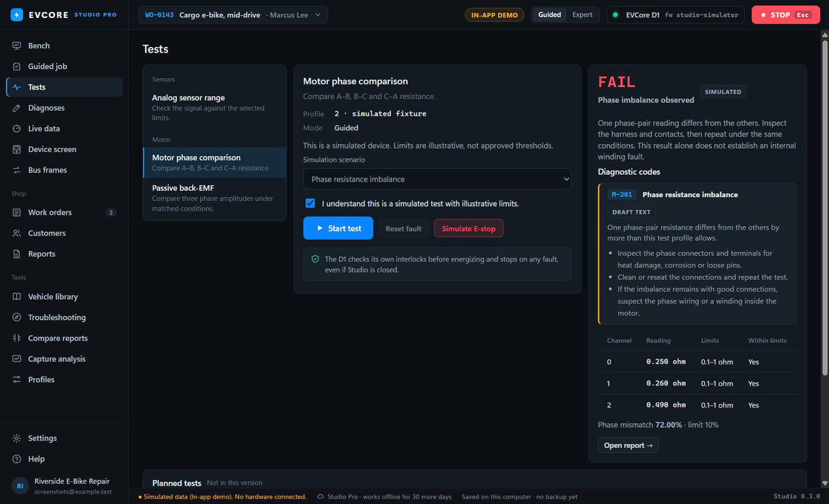 A test the D1 runs, explained. A failing phase comparison with its diagnostic code and what to check next. In-app demo.